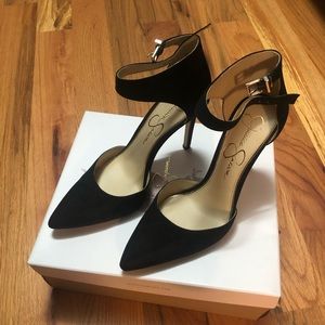 Jessica Simpson Postrie Black Pointed Toe Ankle Strap High Heel Pumps